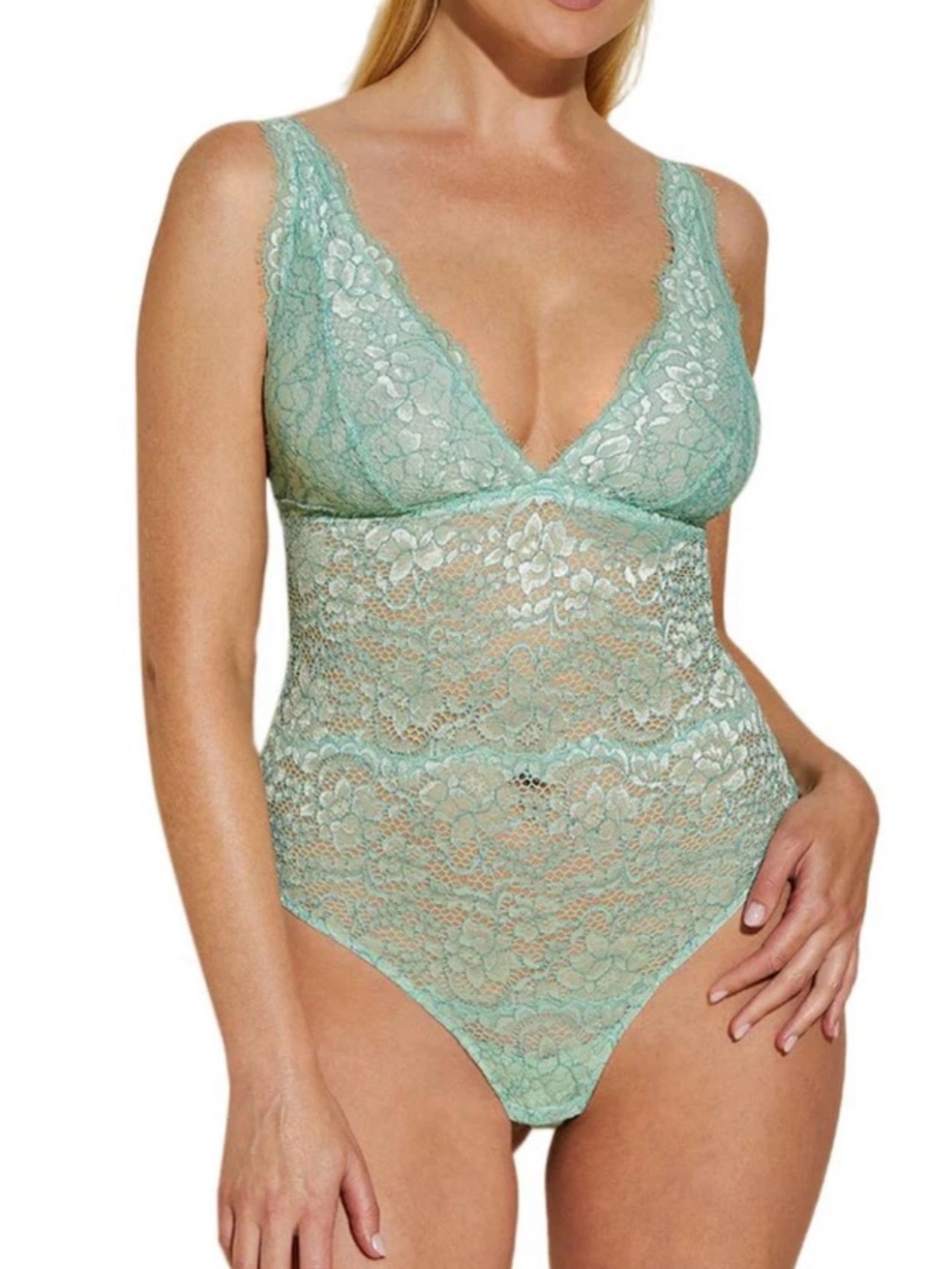 Sexy Cosabella Mint Lace V-Plunge Lace Bodysuit